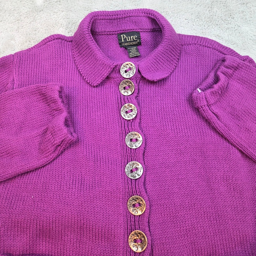 Pure Handknit Cotton Peter Pan Collar Cardigan‎ Sweater Womens XS/S Purple